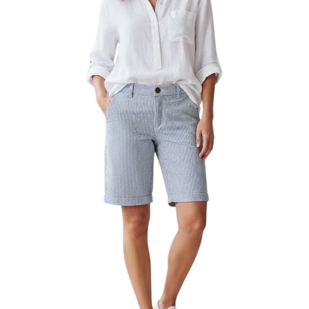 Dockers Women's Size‎ 12 Blue White Striped Chino Shorts Stretch Cotton Mid Rise